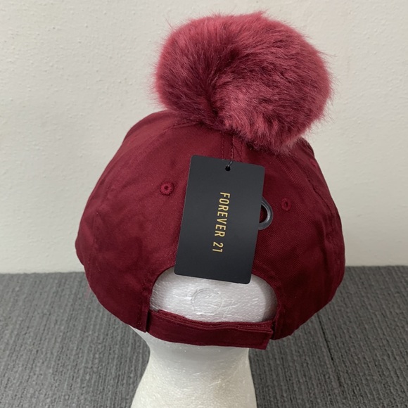 Forever 21 Pompom Baseball Hat Women's OS Burgundy Faux Fur Adjustable Strapback - Picture 7 of 14